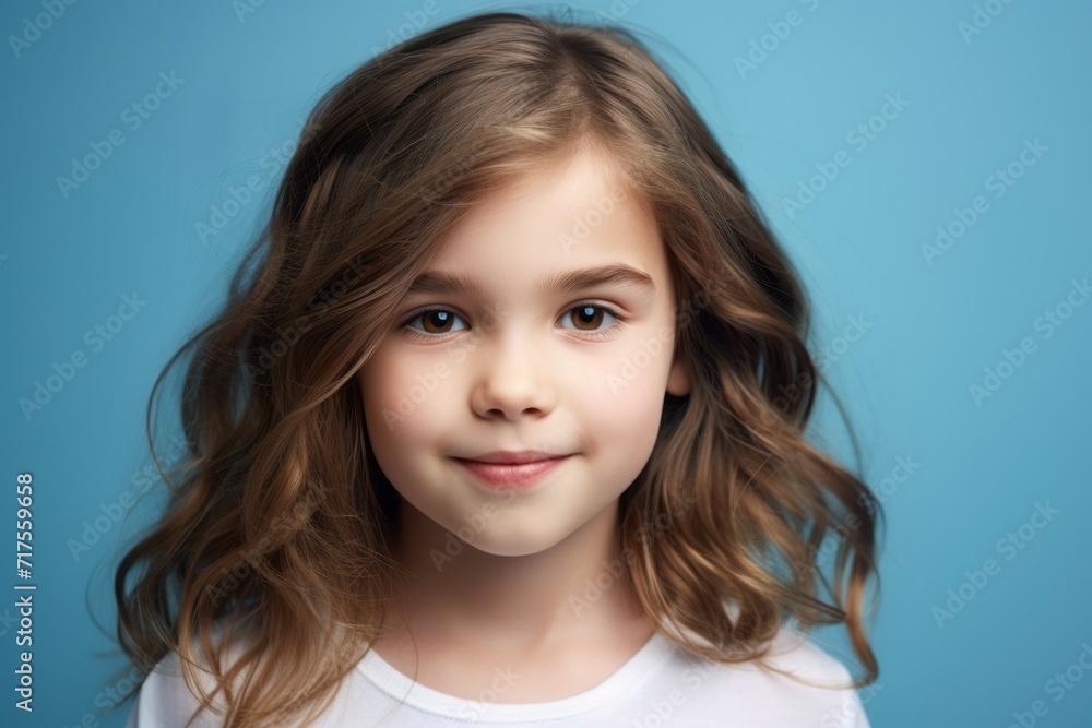 Portrait of a cute little girl with long curly hair on blue background Portrait of a cute little girl with long curly hair on blue background