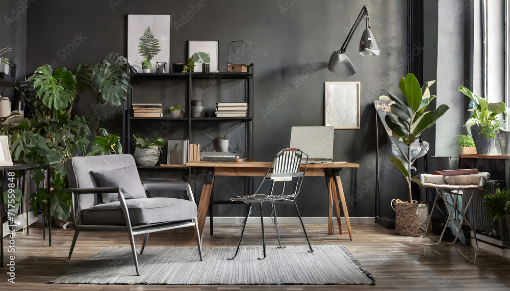 Dark open space living room interior with metal rack, grey armchair and plants in the background. Generative AI. Dark open space living room interior with metal rack, grey armchair and plants in the background. Generative AI.