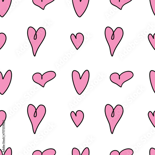 Seamless abstract pattern of small pink contour hearts. Hand drawn doodle background  texture for textile  wrapping paper  Valentines day  romantic design
