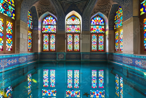 The intricate geometric patterns of the hammam's traditional tilework and colorful stained glass windows, showcasing a mesmerizing visual feast.