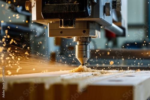 Precision machinery at a furniture manufacturing plant showcases the cutting and shaping of raw materials into refined products. photo