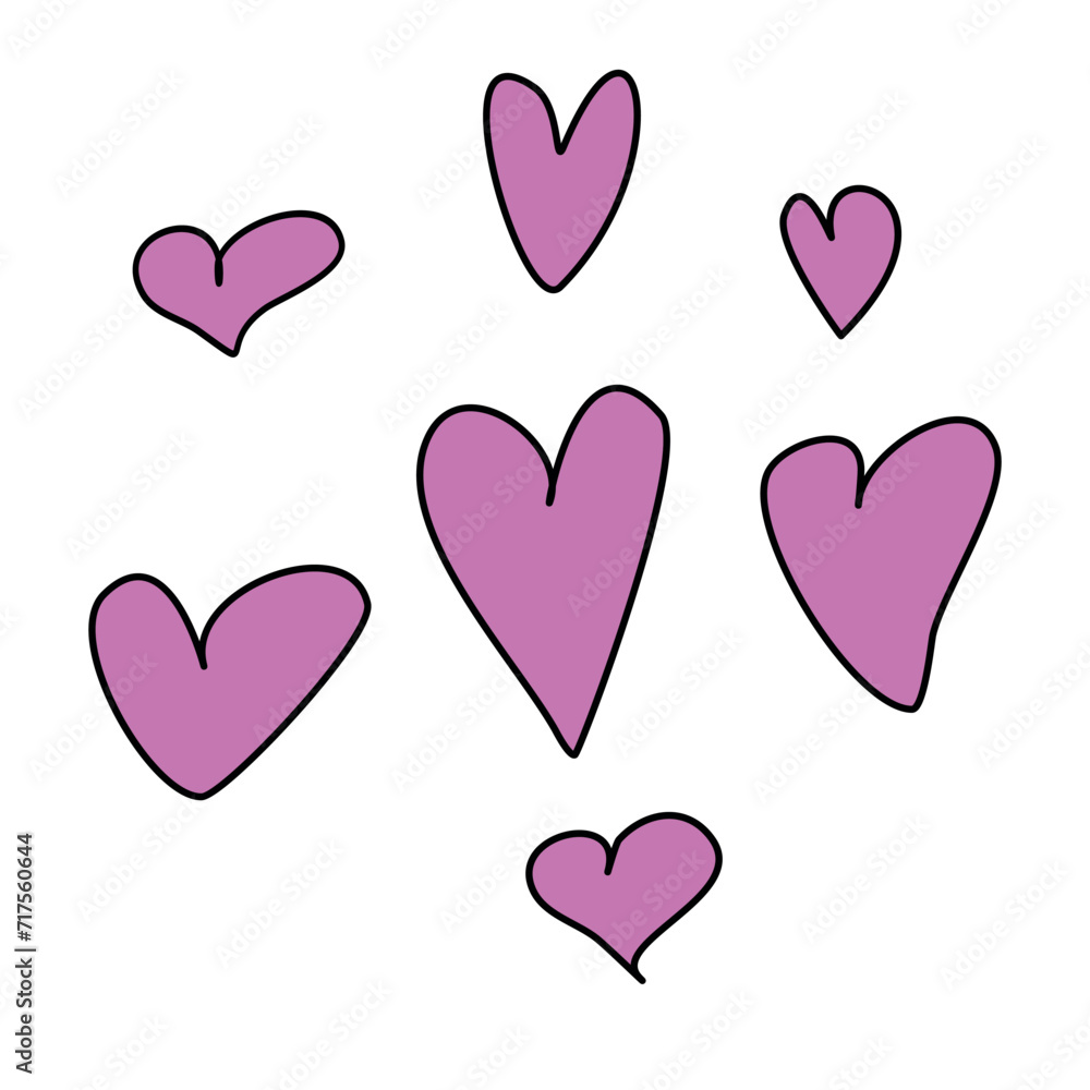 Set of pink hearts in doodles style on white background. Vector hand drawn clip art, decoration for Valentine's day, love romantic design Set of pink hearts in doodles style on white background. Vector hand drawn clip art, decoration for Valentine's day, love romantic design