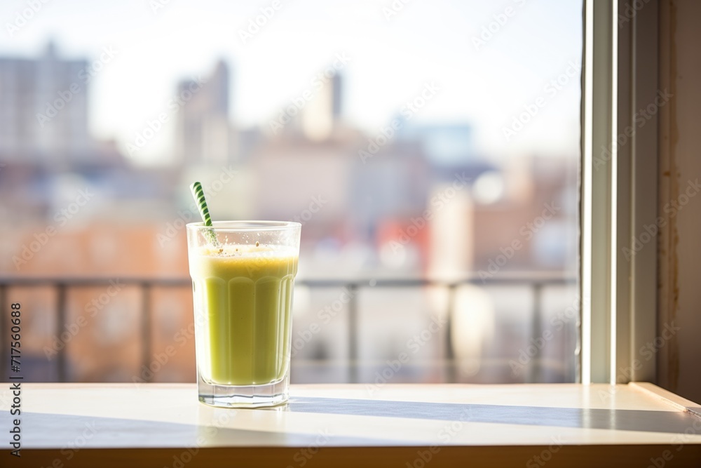 glass of green smoothie on sunny windowsill, cityscape beyond glass of green smoothie on sunny windowsill, cityscape beyond