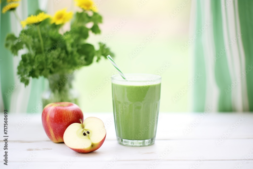 Fototapeta premium glass of green smoothie with kale leaves and apple slices beside it