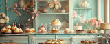 A patisserie display featuring a variety of tarts, cakes, and pastries nestled in a quaint glass cabinet with vintage-inspired decor and lighting.