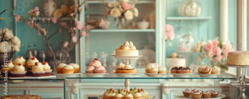 A patisserie display featuring a variety of tarts, cakes, and pastries nestled in a quaint glass cabinet with vintage-inspired decor and lighting. photo