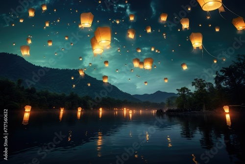 Lanterns fly in sky at river, Flying lanterns in the night sky during the Diwali festival Ai generated