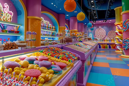 A whimsical confectionery showcase with an assortment of candies and sweet treats arranged in a playful, child-friendly manner against a colorful backdrop. photo
