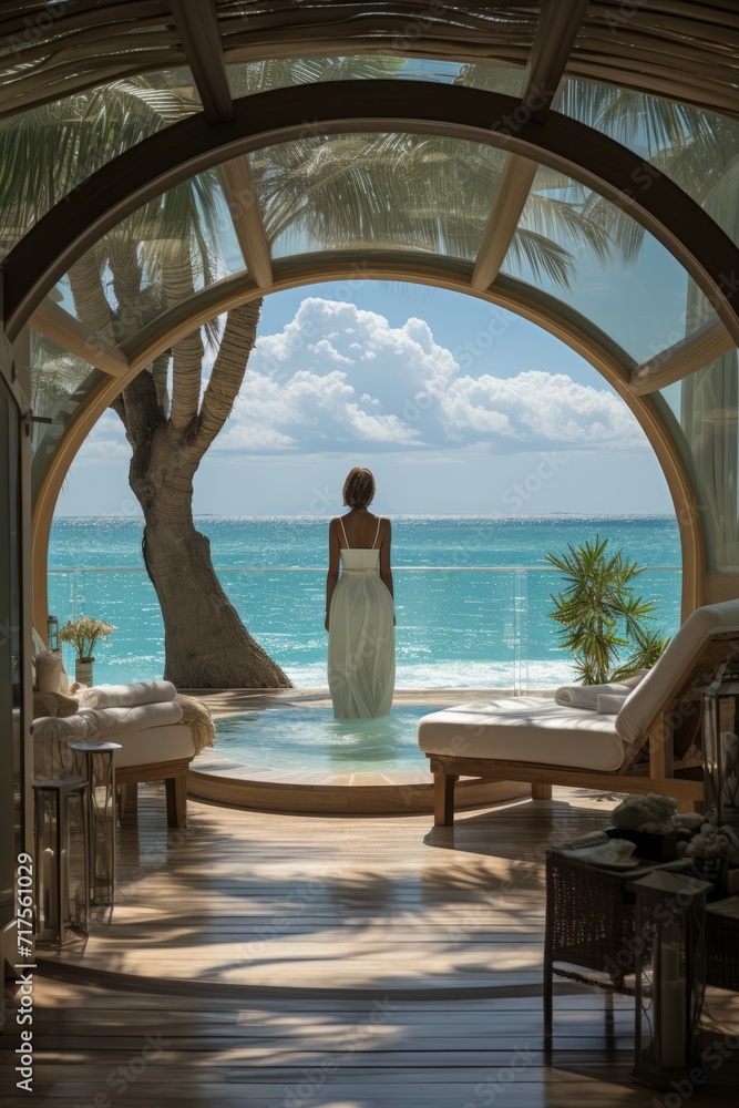 Fototapeta premium Traveler enjoying a private spa with a view of the Maldives' pristine white-sand beaches, Generative AI