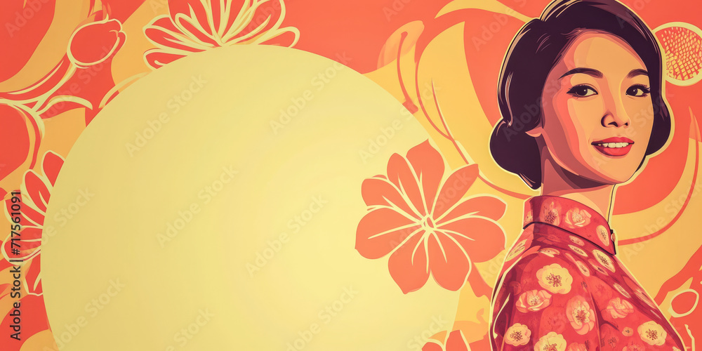 60s retro illustration of an asian woman in vibrant colors 60s retro illustration of an asian woman in vibrant colors