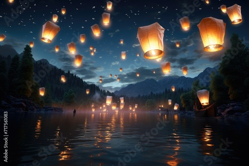 Lanterns fly in sky at river, Flying lanterns in the night sky during the Diwali festival , Paper lanterns float on dark water Traditional LanternAi generated