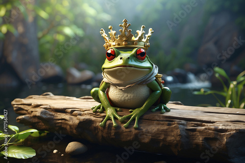 Illustration of a green frog wearing a crown in the forest © Maizul