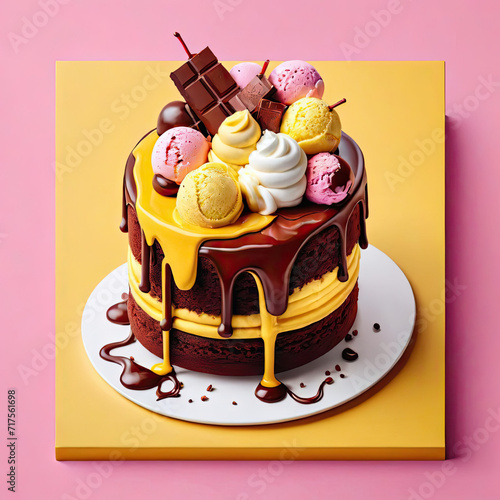 Pop Art Delights - Photorealistic illustrations of chocolate cake and chic ice cream parlour with vibrant isometric decor Gen AI photo