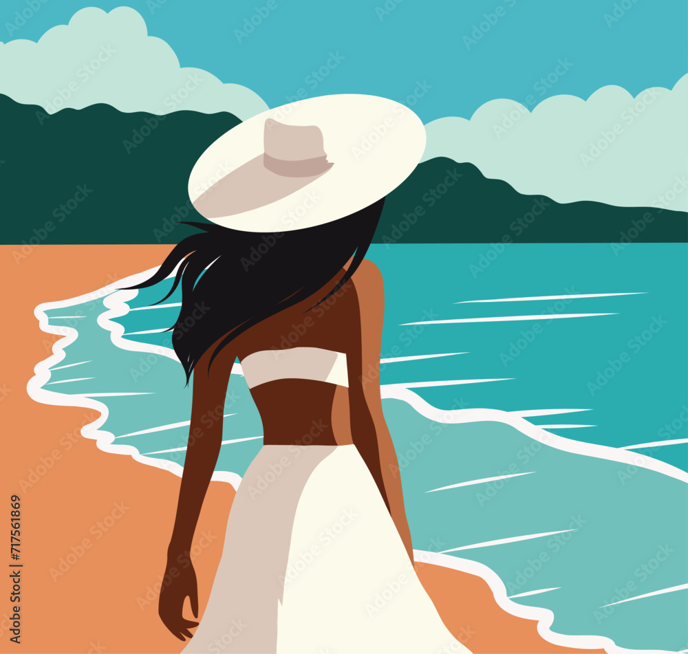 Vector flat illustration for tourism, vacation concept. A woman on vacation in a white swimsuit and hat walks along the beach. Woman, back view