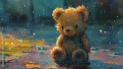 a brown bear is sad because its owner abandoned it, it sits in a puddle of rainwater at night, anime background photo