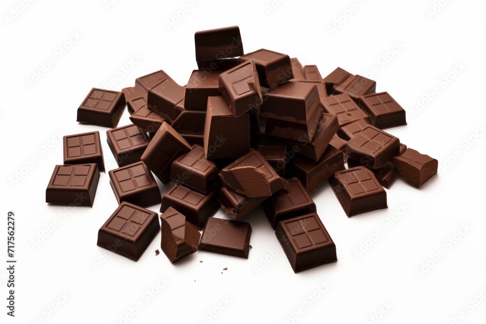 Scattered Assortment of Premium Dark Chocolate Squares, on isolated white background, Generative AI