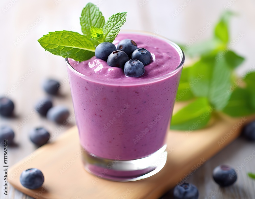 Blueberry juice garnished with green mint leaves. generative AI Blueberry juice garnished with green mint leaves. generative AI