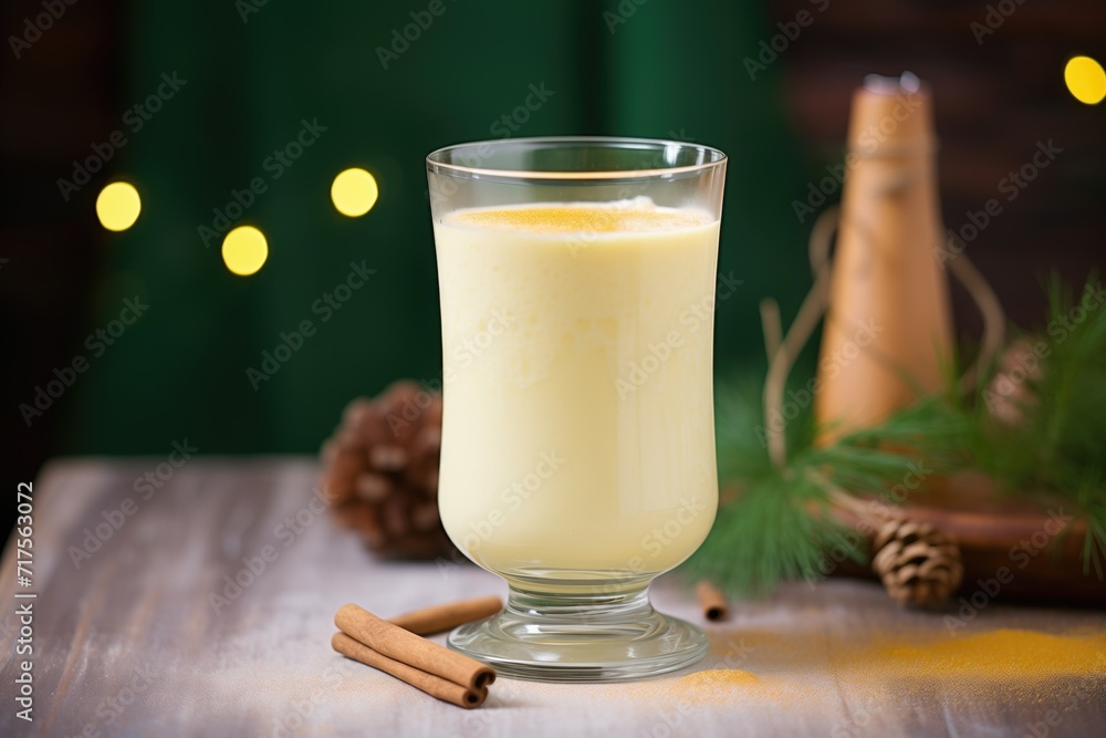 chilled eggnog in a stemmed glass, frosty with condensation chilled eggnog in a stemmed glass, frosty with condensation