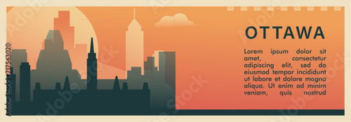 Ottawa city brutalism vector banner with skyline, cityscape. Canada capital, Ontario province retro horizontal illustration, travel layout for web presentation, header, footer
