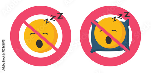 No sleep sign icon vector flat cartoon graphic illustration set, sleeping ban not allowed warning symbol image clipart emotion smile design