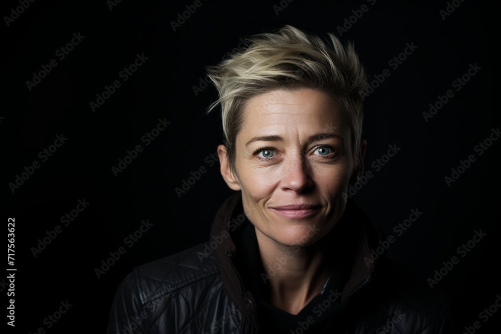 Portrait of a young woman with short blond hair on black background