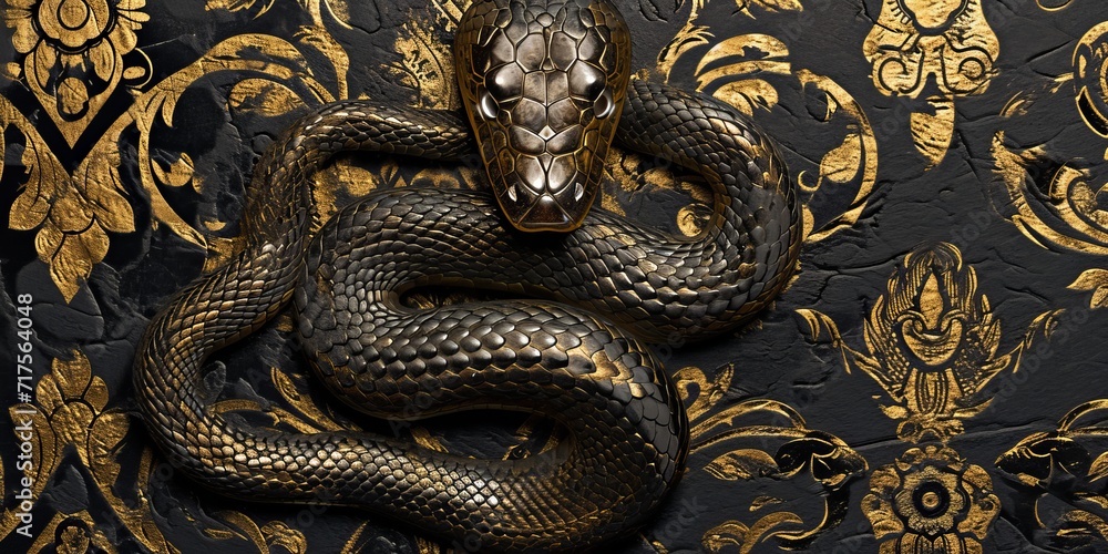 Fototapeta premium Experience the Mystique of the Golden Serpent - A Luxurious Wall Art Featuring a Majestic Golden Snake Amidst Enchanting Blooms, Perfect for Elevating Your Home Decor