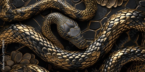 Experience the Mystique of the Golden Serpent - A Luxurious Wall Art Featuring a Majestic Golden Snake Amidst Enchanting Blooms, Perfect for Elevating Your Home Decor