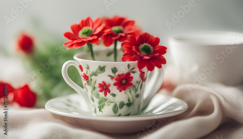 Summer red flowers in a small cute cup on saucer decorated with linen cloth