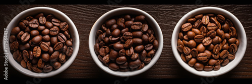 Image of coffee beans separated into dark roast, medium roast, and light roast. Ai generate.