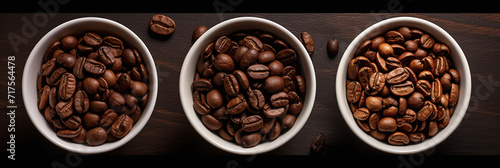 Image of coffee beans separated into dark roast, medium roast, and light roast. Ai generate.