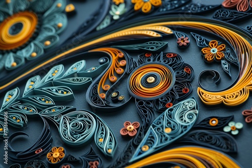 detail paisley quilling pattern, papercut, dark colors, flat lay