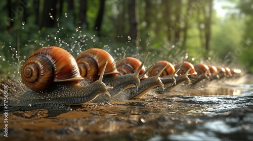 In the middle of a muddy racetrack a pack of determined snails slide and slither their way towards the finish line in this hilarious synchronized snail race scene.