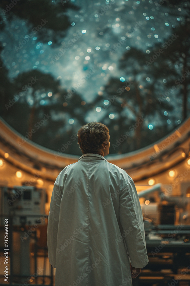 An astronomer in a white coat observing the night sky in an observatory.
