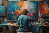 A painter passionately working on a canvas, with vibrant colors splashed chaotically around the studio.