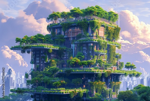 a building with plants growing all over it, in the style of futurist claims, environmental awareness, 32k uhd, organic flowing forms, architectural chic, piles/stacks, terragen photo