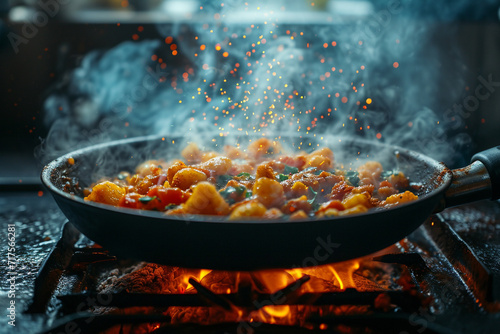 Abstract depiction of sizzling flavors and aromas rising from a hot pan.