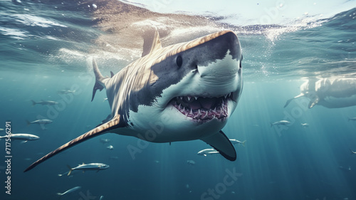 a great white shark  piercing gaze  intense details