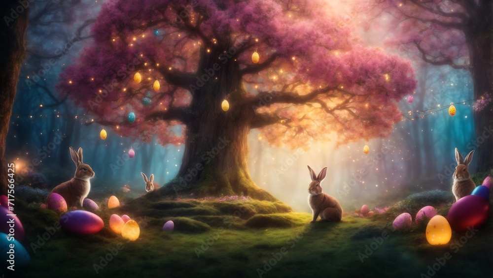 A photo of cute easter bunny in a fantasy forest ai generative