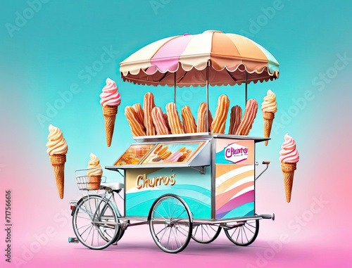 Pop Art Churros - Photorealistic illustration of a vintage-style ice cream cart with a modern gradient twist Gen AI photo