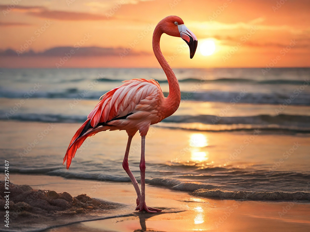 Fototapeta premium flamingo on the beach at sunset