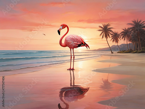 flamingo on the beach at sunset