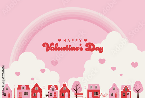 valentine’s day vector background with city landscape with houses and a rainbow in the sky for banners, cards, flyers, social media wallpapers, etc.