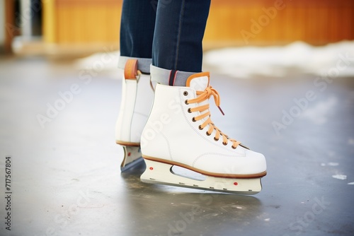 closeup of ice skates gliding on rink