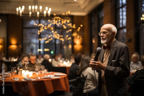 Philanthropist addressing a room full of donors and volunteers at a nonprofit's annual fundraising dinner, Generative AI