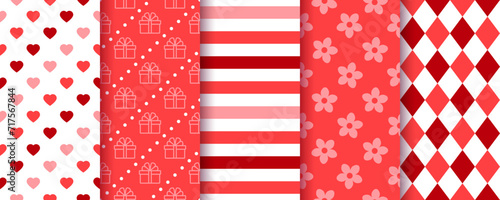 Valentine's day backgrounds. Seamless patterns. Set textures with heats, gifts, stripes and flowers. Red pink romantic print. Cute lovely wrapping paper. Vector illustration. Backdrop for scrapbooking