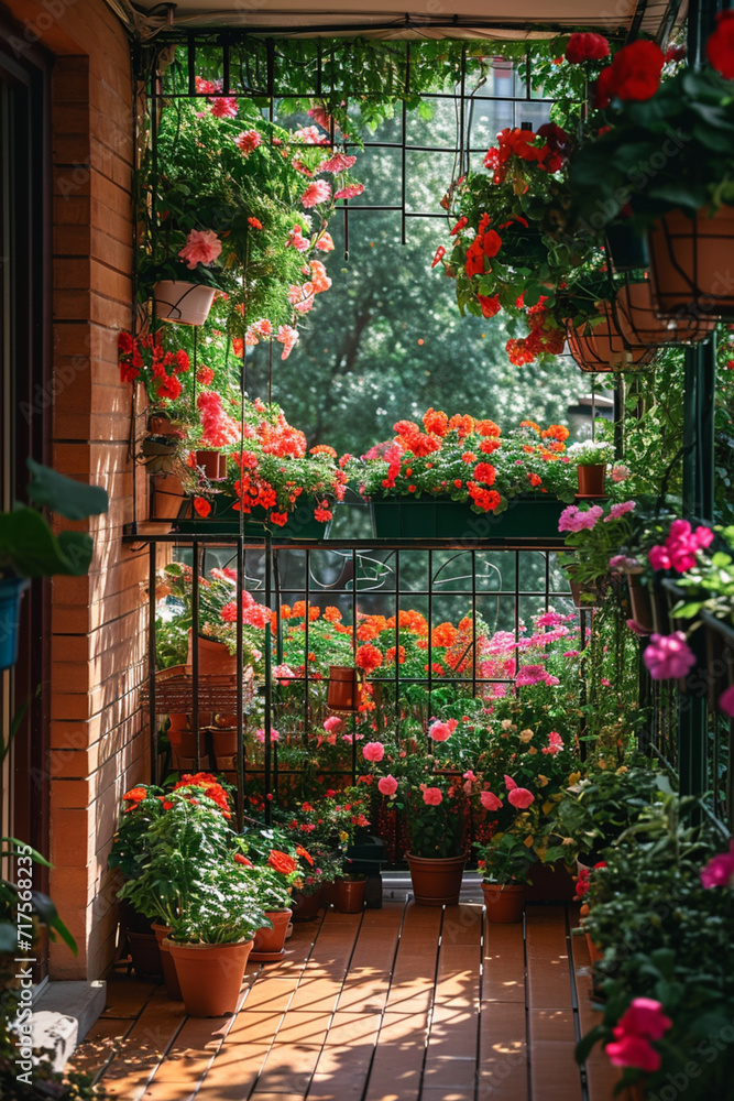 An urban apartment balcony transformed into a small, lush garden,
