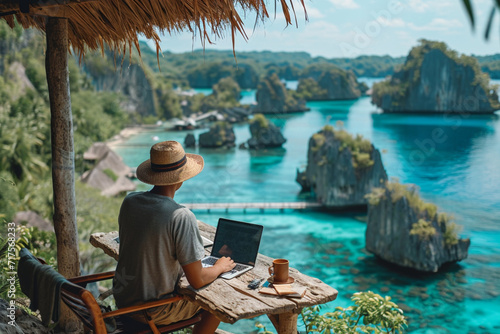 A digital nomad working remotely from a scenic, exotic location, photo