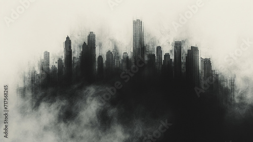 An abstract charcoal formation suggesting the silhouette of a city skyline,