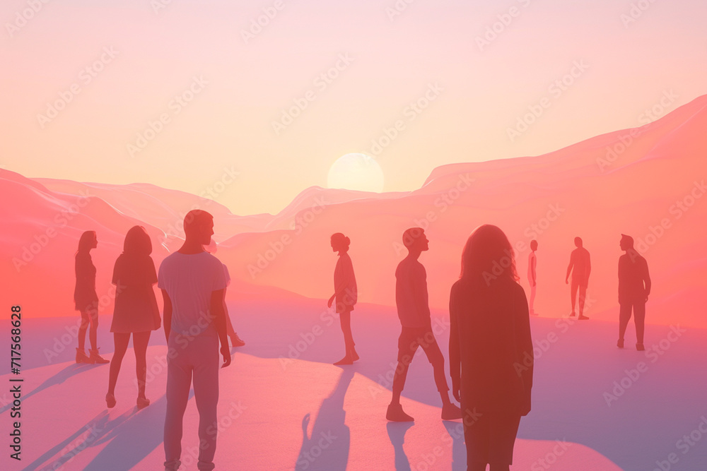 People living in a metaverse, 3d design of people with VR futuristic background minimalistic People living in a metaverse, 3d design of people with VR futuristic background minimalistic
