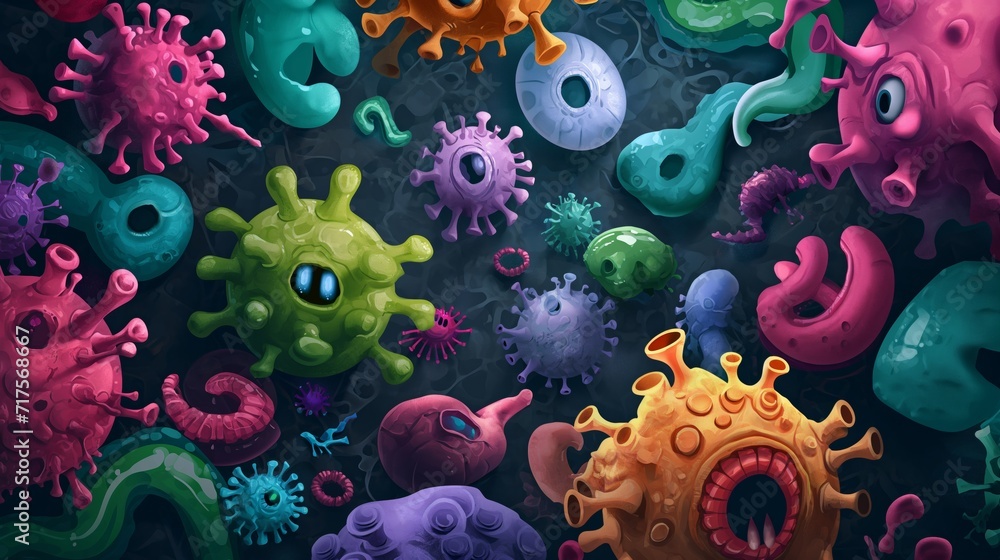 Funny microorganisms viruses and disease, Colorful Bacteria, covid, corona, cartoon illustration. - obrazy, fototapety, plakaty 